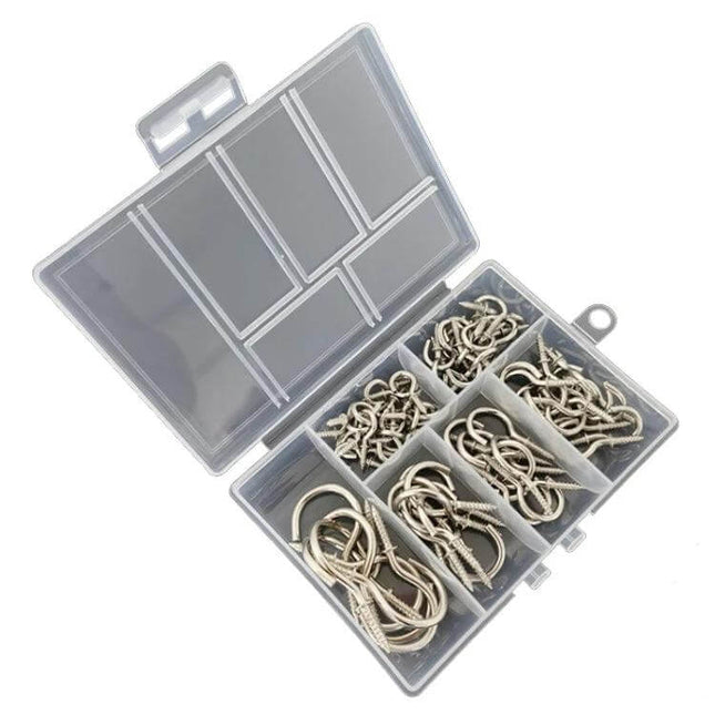 75-Piece Box Screw-In Ceiling Hook Set For Home Storage in clear plastic organizer showing six sizes of iron screw-in hooks