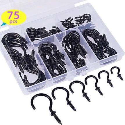 75-Piece Box Screw-In Ceiling Hook Set For Home Storage in clear organizer box showing six hook sizes and screw-in iron hooks ready for hanging plants and decor