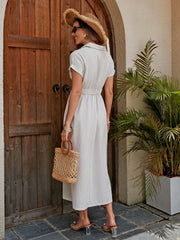 Elegant Cotton Midi Shirt Dress with Flattering Knotted Waist Detail