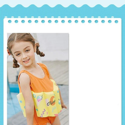 Yellow Graffiti One-Piece Swimsuit with Buoyancy for Baby Girls in yellow cotton Lun design on smiling toddler by pool