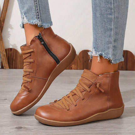 Women's Casual High Top Short Boots With Low Heel Round Toe in brown PU with side zipper and round toe, low heel city commuting style
