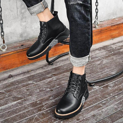 Men's Leather Wedge Martin Boots For Casual Winter Wear — black cowhide lace-up wedge Martin boots for casual city autumn and winter use