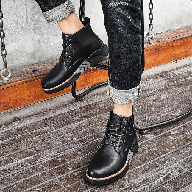 Men's Leather Wedge Martin Boots For Casual Winter Wear - black cowhide leather mid-height wedge Martin boots with lace-up front for city and short outdoor walks