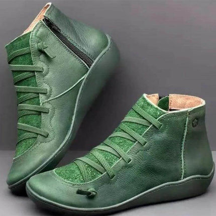 Women's Casual High Top Short Boots With Low Heel Round Toe in green PU with side zipper, round toe and low heel for city wear