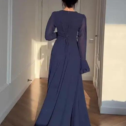 Navy Blue Trumpet Sleeve Tie Maxi Dress For Everyday Wear