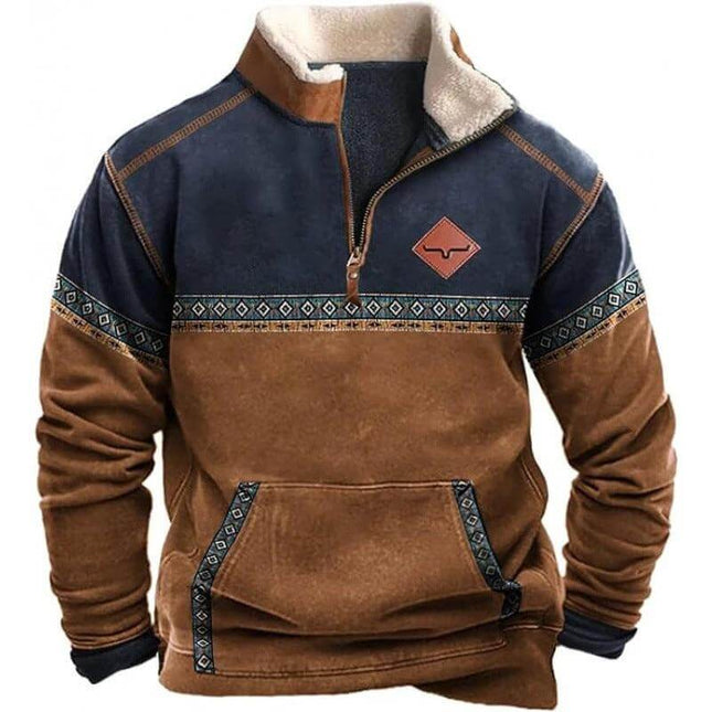 Men's Striped Digital Print Long Sleeve Casual Pullover Shirt in brown navy with faux-shearling collar, kangaroo pocket and geometric stripe detail