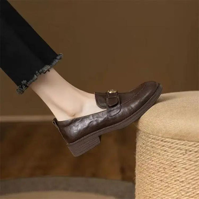 Camellia Leather Loafers For Women, Vintage British Slip-On