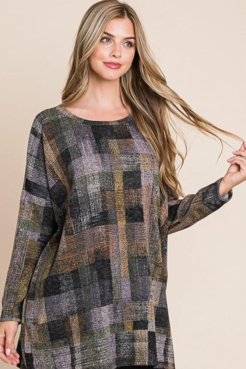 BOMBOM Plaid Round Neck Long Sleeve Top