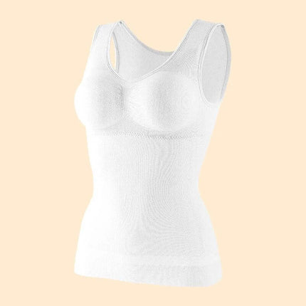 Women's Belly Sculpting Double Layer Tank Top with Built-in Bra in seamless white spandex, built-in bra and tummy-smoothing double layer for workouts and everyday wear