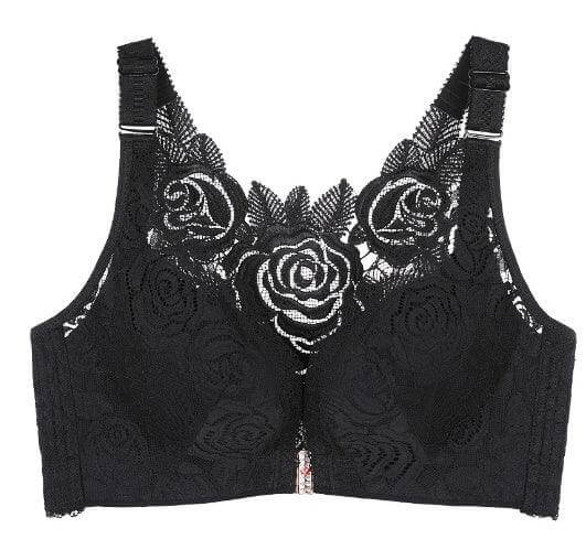 Elegant black lace push-up bra with adjustable buckle and beautiful back designed for plus size comfort and sophistication