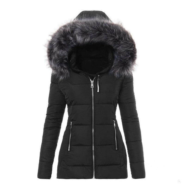 Casual Warm Cotton Mountaineering Jacket for Outdoor Activities - black hooded puffer with faux-fur trim, zip pockets, lightweight insulated layer