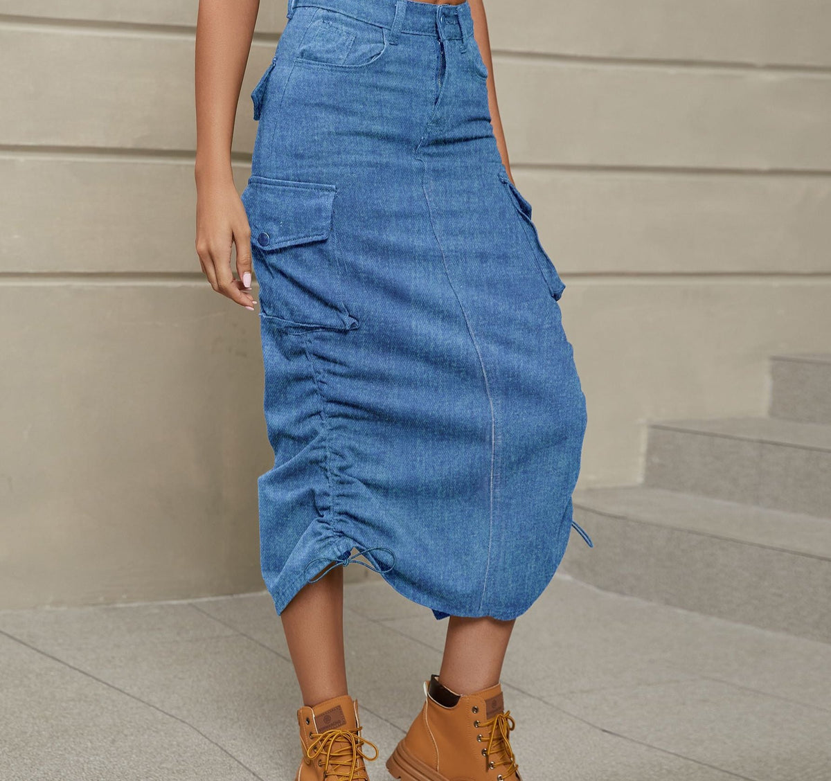 Drawstring Ruched Slit Denim Midi Skirt