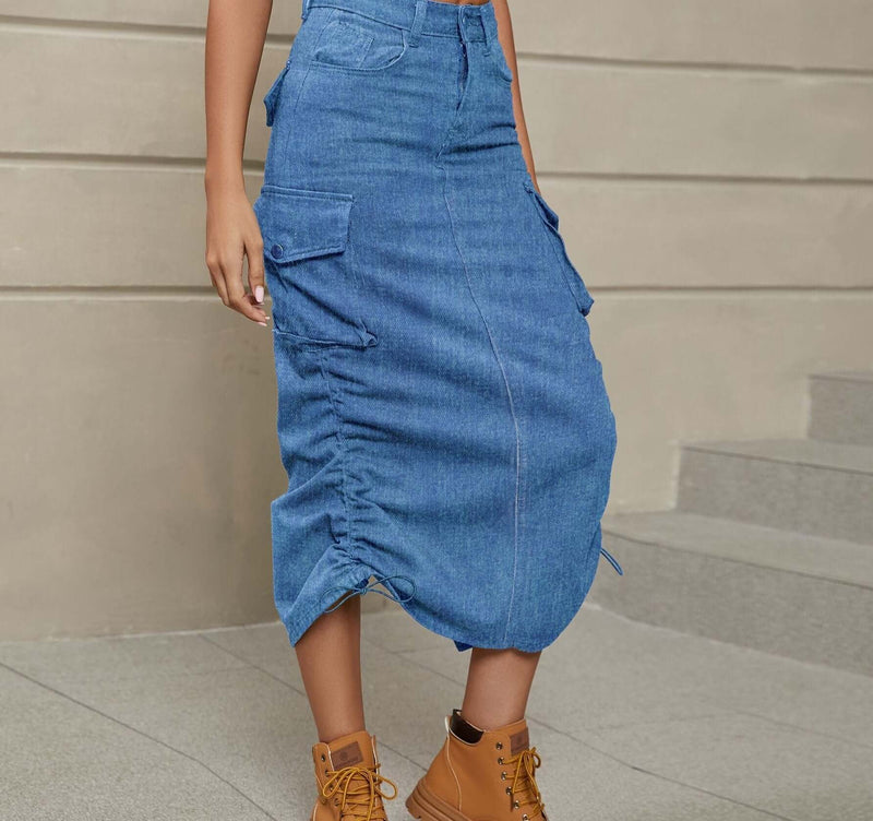 Drawstring Ruched Slit Denim Midi Skirt