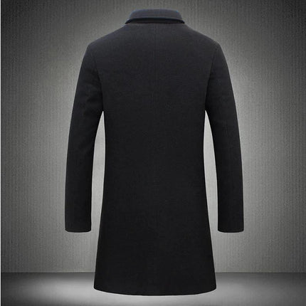 Men's Slim Fit Mid-Length Trench Coat for Fall and Winter black woolen slim fit back view, tailored straight hem, ideal for urban commutes