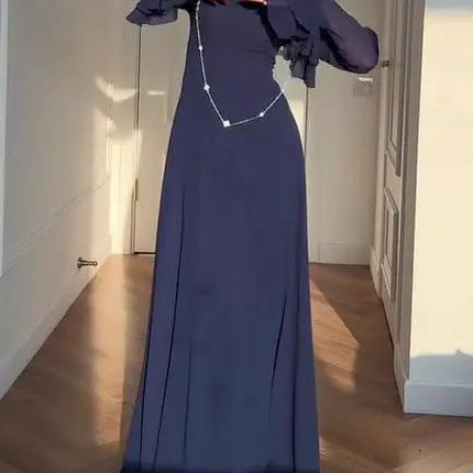 Navy Blue Trumpet Sleeve Tie Maxi Dress For Everyday Wear