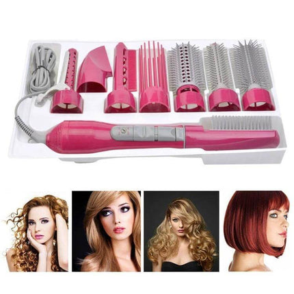 8-In-1 Professional Hair Dryer And Curling Set For Travel pink travel styling kit with eight attachments shown with model hairstyle examples