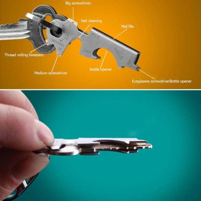 8 in 1 Multitool Keychain Stainless Steel for Everyday Tasks — compact 50x20mm stainless steel keyring tool showing screwdrivers, bottle opener, file