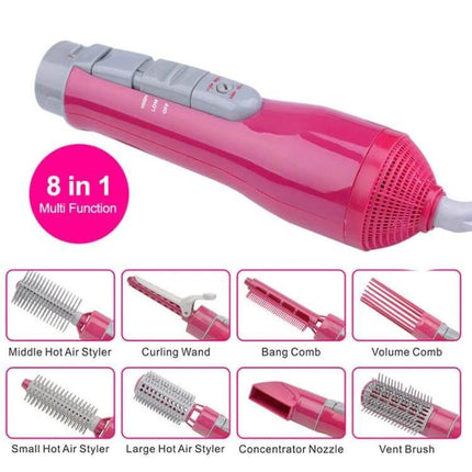 8-In-1 Professional Hair Dryer And Curling Set For Travel in pink with eight interchangeable attachments shown for drying, curling, straightening, and volume