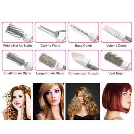 8-In-1 Professional Hair Dryer And Curling Set For Travel showing eight interchangeable attachments (hot air stylers, curling wand, combs, nozzle) and styling examples