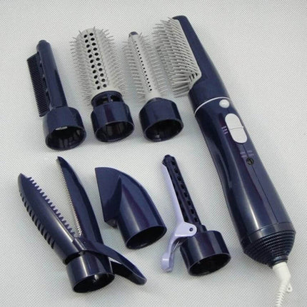 8-In-1 Professional Hair Dryer And Curling Set For Travel with navy interchangeable attachments shown for drying, curling, straightening and styling