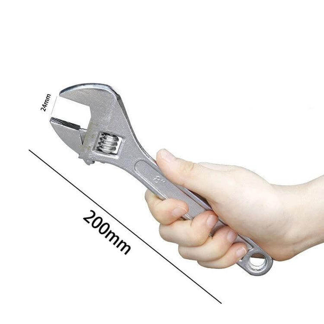 8 Inch Adjustable Wrench For Home Repairs And Basic Tasks — 8" (200mm) high carbon steel adjustable wrench held in hand, 24mm jaw capacity, compact for tight spaces
