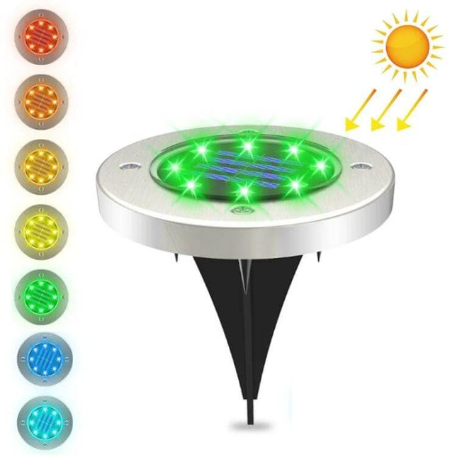 8 LED Colorful Solar Garden Light With Intelligent Sensor — stainless stake light with green LEDs, solar panel charges by day, dusk-to-dawn garden path light