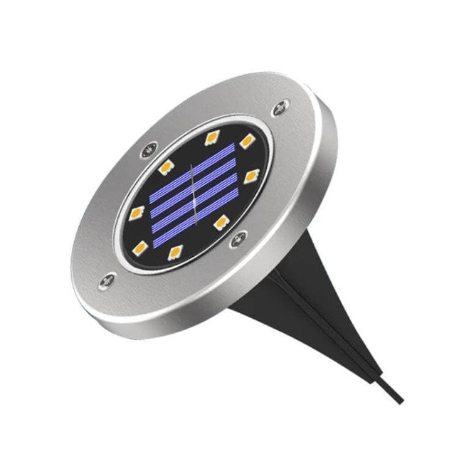 8 LED Colorful Solar Garden Light With Intelligent Sensor - stainless round stake light with solar panel and 8 LEDs for walkway and patio lighting