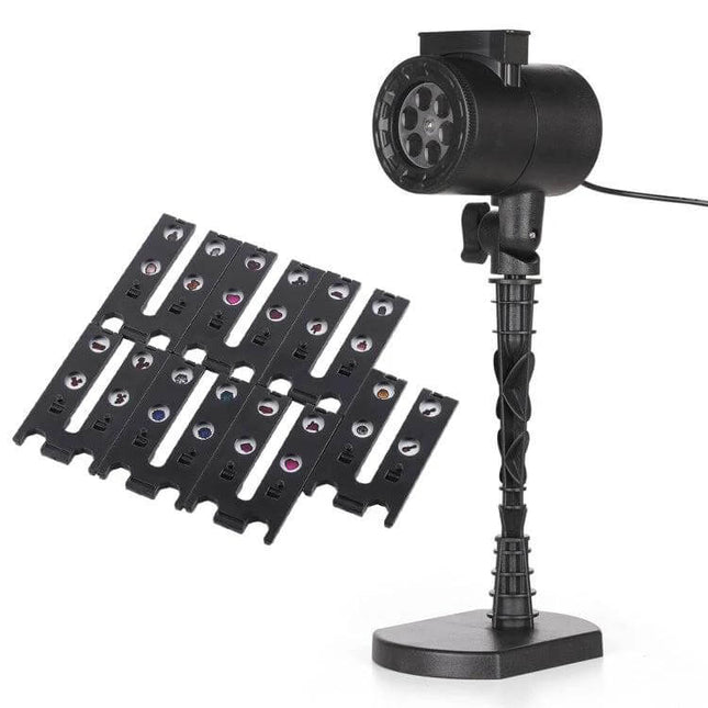 8 Pattern Outdoor Lawn Lamp for Gentle Garden Ambiance projecting eight selectable decorative patterns with interchangeable slides on stake mount