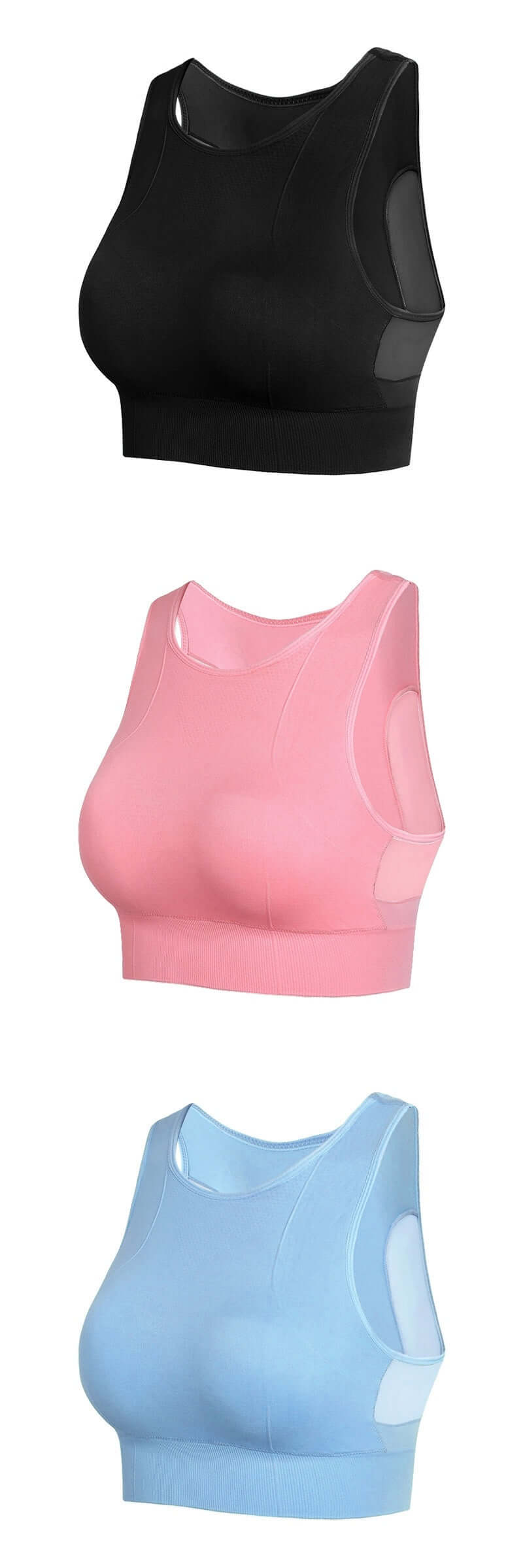 Three colors of the Ultimate Comfort No Underwire Double-decker Sports Bra: black, pink, and blue, showcasing its stylish design.