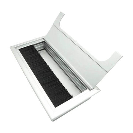 80x160mm Desk Dustproof Aluminum Wire Box With Brush in natural aluminum finish showing brush cable pass-through for desks and conference tables