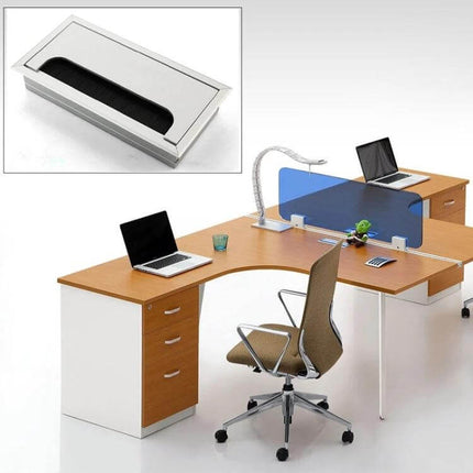 80x160mm Desk Dustproof Aluminum Wire Box With Brush installed on wooden office desk routing laptop cables and reducing dust exposure
