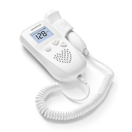 Portable Fetal Heart Rate Monitor for Home Pregnancy Use - white handheld fetal doppler with LCD showing 128 BPM, probe and coiled cable