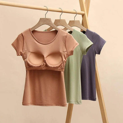 Women's Comfortable Short-Sleeved T-Shirt with Built-in Chest Pad in viscose, short-sleeve casual summer top shown in beige, green, and purple colors