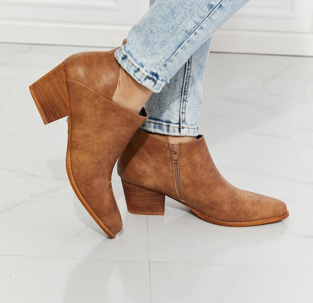 MMShoes Trust Yourself Embroidered Crossover Cowboy Bootie in Caramel