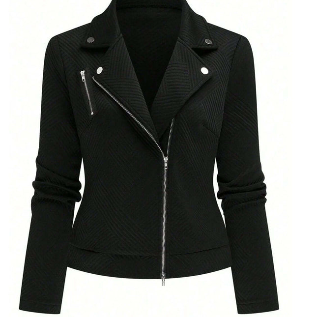 Women's Oblique Zipper Slim Casual Jacket in Black - slim black polyester jacket with oblique zipper, asymmetrical front and casual street-style fit