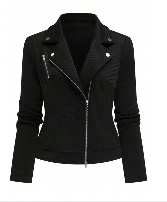 Women's Oblique Zipper Slim Casual Jacket in Black - slim black polyester casual jacket with oblique zipper and urban layering style