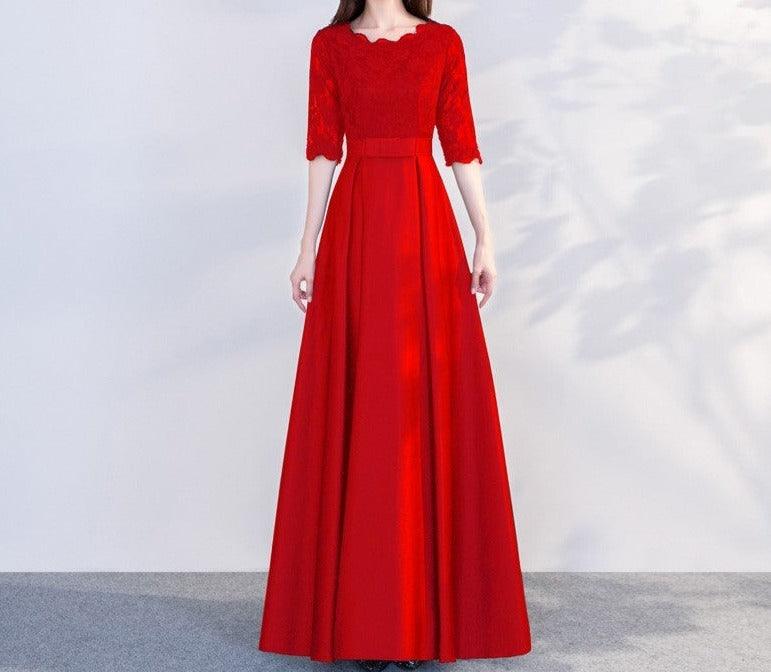 Sophisticated Long Sleeve Versatile Business and Evening Dress Round neck red long