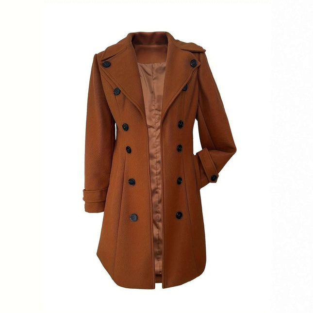 Women's Dark Brown Double Breasted Wool Coat for Everyday Elegance - slim fit solid brown coat with spliced detailing and black buttons