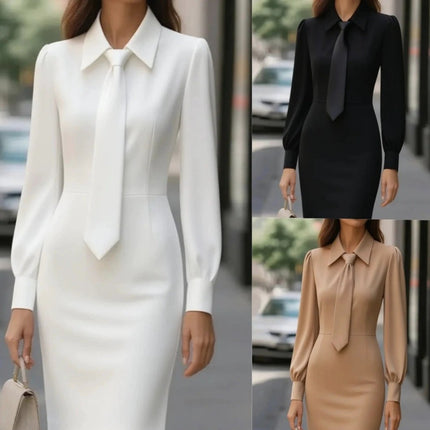 Women's Long Sleeve A-Line Midi Dress With Waist Tie
