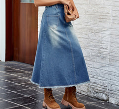 Raw Hem Buttoned Denim Skirt with Pockets