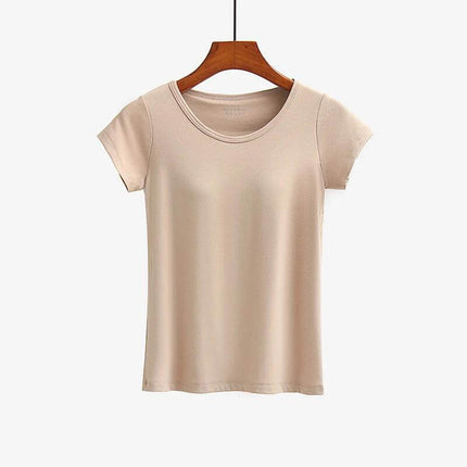 Women's Comfortable Short-Sleeved T-Shirt with Built-in Chest Pad - beige viscose casual tee for summer comfort and modesty