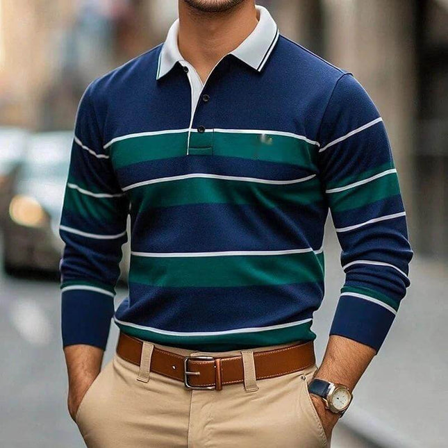 Casual Men's Digital Print Long-Sleeve Polo Neck Top in navy green striped slim fit styled with beige chinos