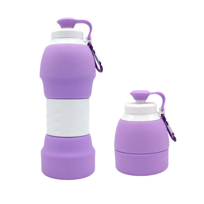 Silicone folding water bottle in purple, shown in both expanded and folded positions for easy portability.