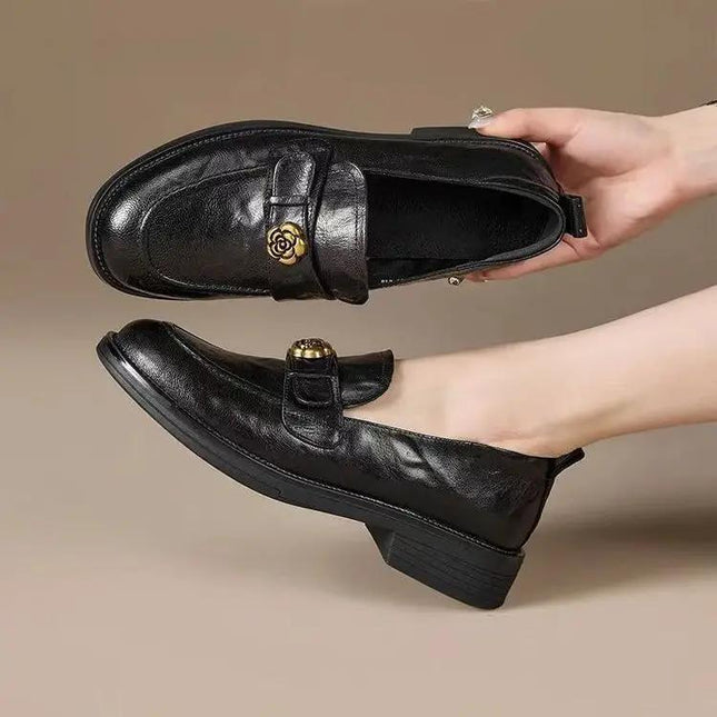 Camellia Leather Loafers For Women, Vintage British Slip-On