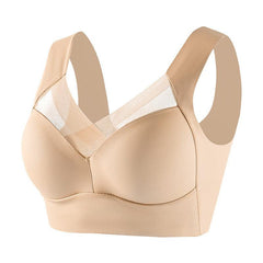 Elegant plus size wireless bra with adjustable thin push-up seamless design and beautiful back in neutral beige color.