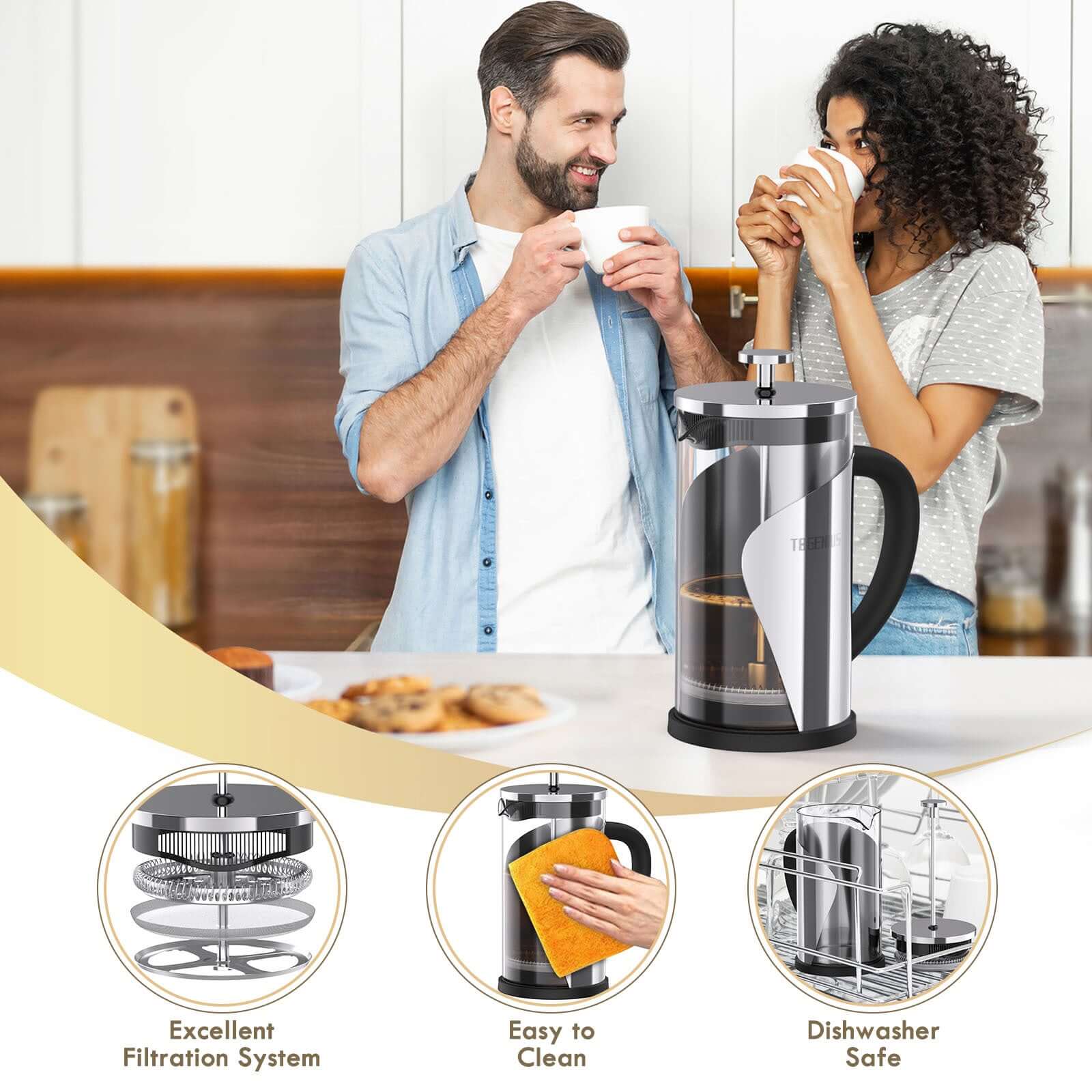 Couple enjoying coffee with TBGENIUS 600ml French Press Coffee Maker - Features of filtration, easy cleaning, and dishwasher safe