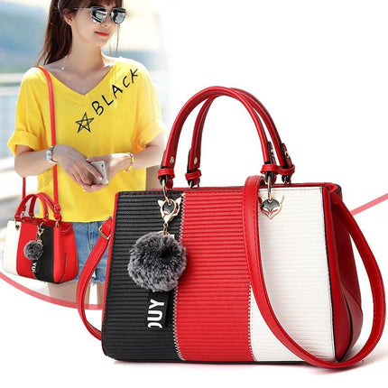 Patchwork Shoulder Bag In PU Leather With Hairball 29cm