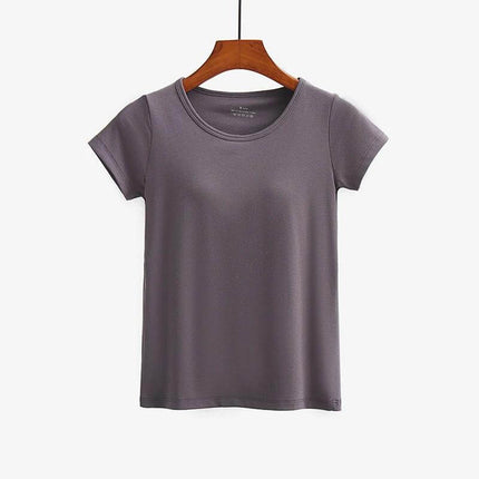 Women's Comfortable Short-Sleeved T-Shirt with Built-in Chest Pad gray viscose tee on hanger, breathable casual summer top for young women