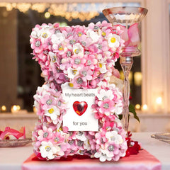 Handmade Pink Artificial Rose Bear for Valentine's Gift displayed on table as romantic home decor centerpiece