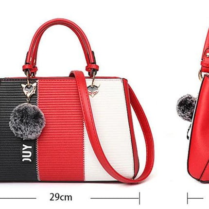 Patchwork Shoulder Bag In PU Leather With Hairball 29cm